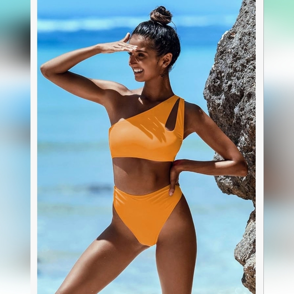 One‎ Shoulder Bikini High Waisted Cutout Crop Top Padded  orange sz M NWOT